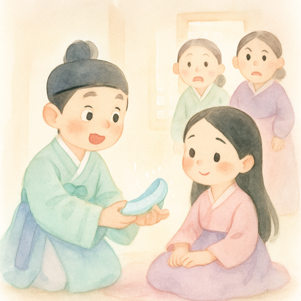 임금님의 아들이 신발을 들고 콩쥐를 찾아 신발을 신겨보는 모습